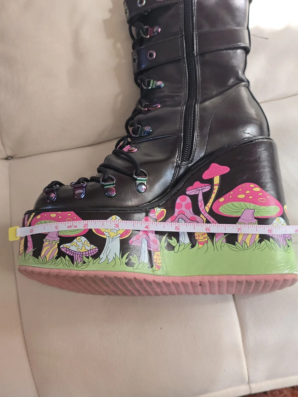 Black Platform Lace-Up Boots with Neon Mushroom Print
